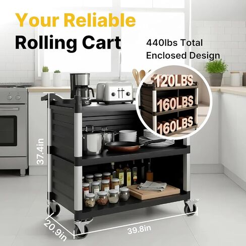 NorthSky Select Dual-Handle Utility Service Cart, 3 Shelves, 440 lb. Capacity -Black Plastic Shelves, Lockable Swivel Casters - Suitable for Hospital, Lab, Hotel, Office Transport & Organizing in Kuwait