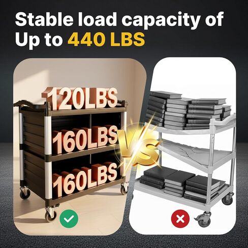 NorthSky Select Dual-Handle Utility Service Cart, 3 Shelves, 440 lb. Capacity -Black Plastic Shelves, Lockable Swivel Casters - Suitable for Hospital, Lab, Hotel, Office Transport & Organizing in Kuwait