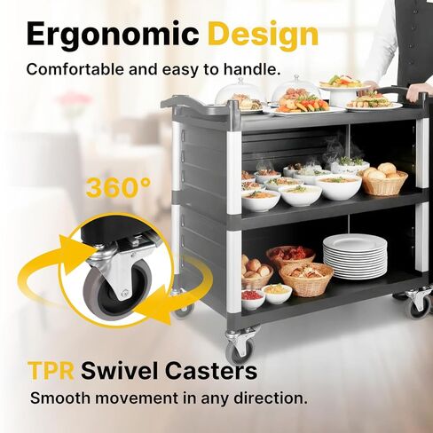 NorthSky Select Dual-Handle Utility Service Cart, 3 Shelves, 440 lb. Capacity -Black Plastic Shelves, Lockable Swivel Casters - Suitable for Hospital, Lab, Hotel, Office Transport & Organizing in Kuwait