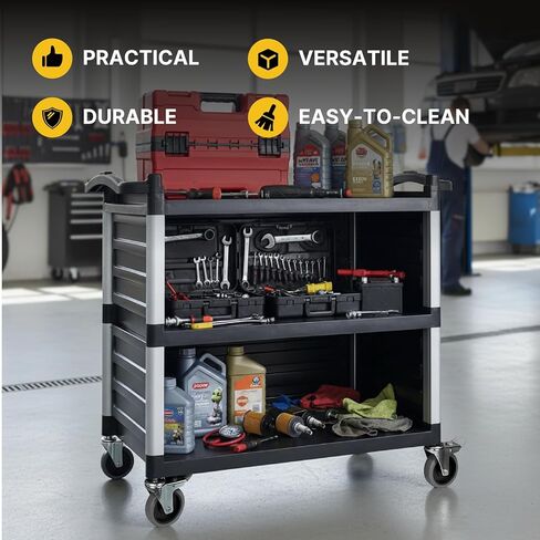 NorthSky Select Dual-Handle Utility Service Cart, 3 Shelves, 440 lb. Capacity -Black Plastic Shelves, Lockable Swivel Casters - Suitable for Hospital, Lab, Hotel, Office Transport & Organizing in Kuwait