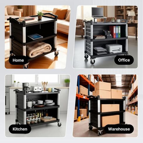 NorthSky Select Dual-Handle Utility Service Cart, 3 Shelves, 440 lb. Capacity -Black Plastic Shelves, Lockable Swivel Casters - Suitable for Hospital, Lab, Hotel, Office Transport & Organizing in Kuwait