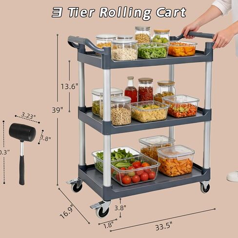 3 Tier Utility Cart on Wheels 660 lbs Load Capacity Heavy Duty Food Cart for Kitchen Warehouse Garage Restaurant, Rolling Trolley Utility Shelf with Casters for Storage and Transportation in Kuwait