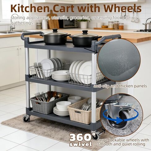 3 Tier Utility Cart on Wheels 660 lbs Load Capacity Heavy Duty Food Cart for Kitchen Warehouse Garage Restaurant, Rolling Trolley Utility Shelf with Casters for Storage and Transportation in Kuwait