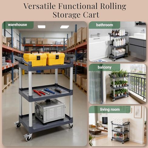3 Tier Utility Cart on Wheels 660 lbs Load Capacity Heavy Duty Food Cart for Kitchen Warehouse Garage Restaurant, Rolling Trolley Utility Shelf with Casters for Storage and Transportation in Kuwait