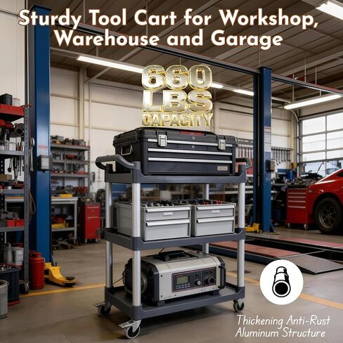 3 Tier Utility Cart on Wheels 660 lbs Load Capacity Heavy Duty Food Cart for Kitchen Warehouse Garage Restaurant, Rolling Trolley Utility Shelf with Casters for Storage and Transportation in Kuwait