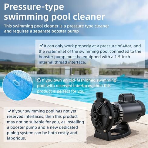MAKHOON Upgrade Pool Pressure Side Sweeper: Professional Solution for Cleaning Your Swimming Pool (Four Wheels are Better Than Three) Need 1.5" Female Thread Pool Booster Pump Inlet, 4 Bar Pressure in Kuwait