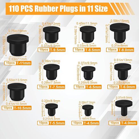 110 Pcs Silicone Rubber Hole Plug, Anglecai 9 Size 4-11mm Rubber Hole Silicone Plug Cap for Powder Coating, High Temp T-Type Holes Plugs Waterproof Sealing Plugs Black Round Pipe Holes in Saudi Arabia