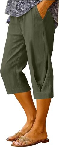 بنطال كابري نسائي عالي الخصر فضفاض وواسع الساق ومطوي من الجانب، سروال كابري قصير غير رسمي سريع الجفاف وفضفاض من قطن كابري ملابس الشاطئ in Kuwait