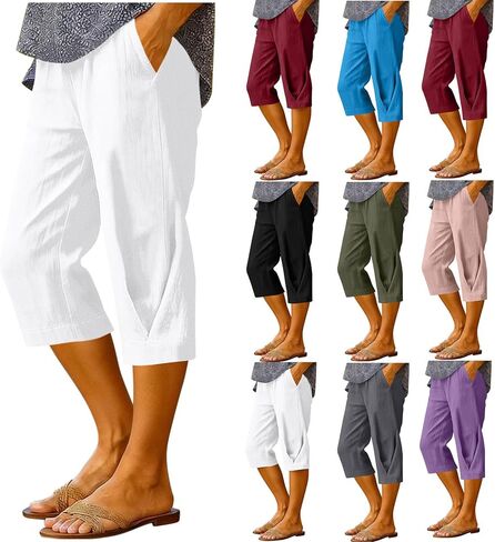 بنطال كابري نسائي عالي الخصر فضفاض وواسع الساق ومطوي من الجانب، سروال كابري قصير غير رسمي سريع الجفاف وفضفاض من قطن كابري ملابس الشاطئ in Kuwait