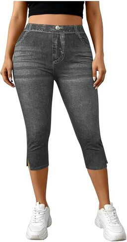 Jeggings for Women Pull On Capri Jeans Stretchy Jean Capris High Waisted Denim Capri Leggings Casual Pants with Pocket in Saudi Arabia