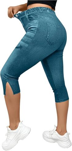 Jeggings for Women Pull On Capri Jeans Stretchy Jean Capris High Waisted Denim Capri Leggings Casual Pants with Pocket in Saudi Arabia