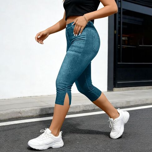 Jeggings for Women Pull On Capri Jeans Stretchy Jean Capris High Waisted Denim Capri Leggings Casual Pants with Pocket in Saudi Arabia
