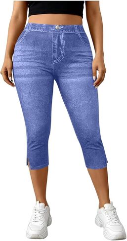 Jeggings for Women Pull On Capri Jeans Stretchy Jean Capris High Waisted Denim Capri Leggings Casual Pants with Pocket in Saudi Arabia