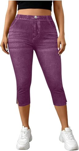 Jeggings for Women Pull On Capri Jeans Stretchy Jean Capris High Waisted Denim Capri Leggings Casual Pants with Pocket in Saudi Arabia