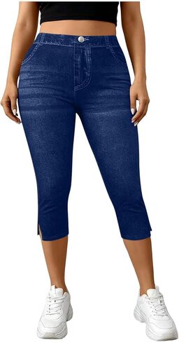 Jeggings for Women Pull On Capri Jeans Stretchy Jean Capris High Waisted Denim Capri Leggings Casual Pants with Pocket in Saudi Arabia