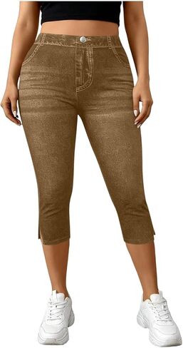 Jeggings for Women Pull On Capri Jeans Stretchy Jean Capris High Waisted Denim Capri Leggings Casual Pants with Pocket in Saudi Arabia