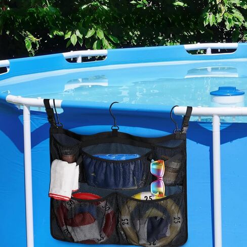 Above Ground Pool Storage Bag, 24x20, Hanging Mesh Organizer with Pockets for Swimming Toys, Metal Frame Pools, Towels & Beverages (Black) in Saudi Arabia