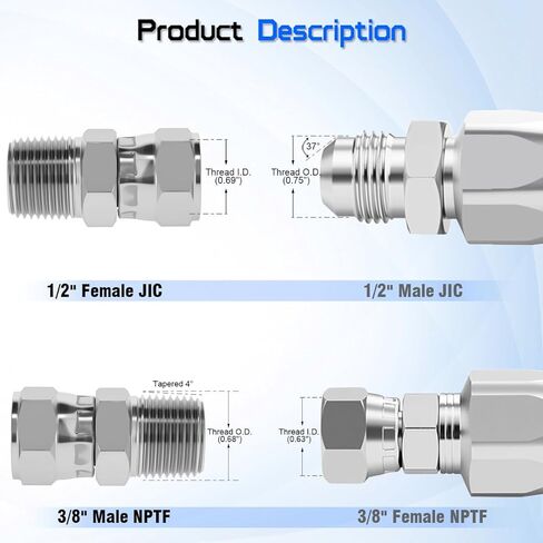 محول دوار هيدروليكي 3/8 بوصة ذكر NPTF × 1/2 بوصة أنثى JIC 37 درجة، 6505-06-08 موصل وصلات الأنابيب المستقيمة 360 درجة للأنظمة الهيدروليكية والمعدات الزراعية (قطعتان) in Kuwait