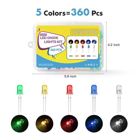 Weslymoo 360 Pcs 5mm Led Diode Lights，5 Colors Led Diode Assortment Kit for DIY Light Kit in Science Project and Christmas Lights Replacement (White/Red/Blue/Green/Yellow) in Kuwait