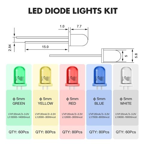 Weslymoo 360 Pcs 5mm Led Diode Lights，5 Colors Led Diode Assortment Kit for DIY Light Kit in Science Project and Christmas Lights Replacement (White/Red/Blue/Green/Yellow) in Kuwait