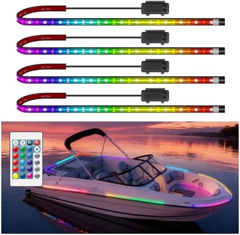 Marine Boat Lights Strip Battery Powered Golf Cart Light, 4 Pcs 24’’ 9V IP67 Waterproof Boat Interior Deck Courtesy Lights for Kayak Paddleboard Pontoon Skeeter Fishing Bass (Multi-color) in Kuwait