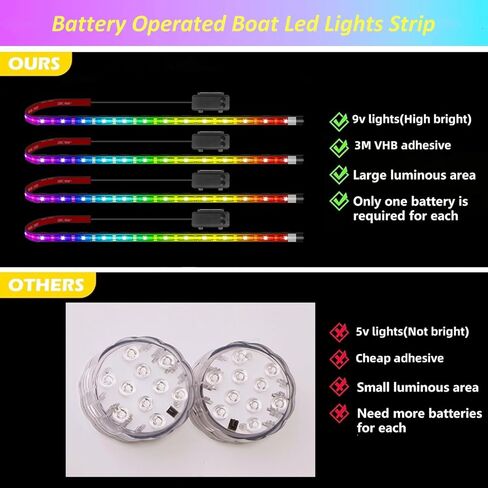 Marine Boat Lights Strip Battery Powered Golf Cart Light, 4 Pcs 24’’ 9V IP67 Waterproof Boat Interior Deck Courtesy Lights for Kayak Paddleboard Pontoon Skeeter Fishing Bass (Multi-color) in Kuwait