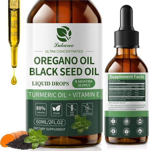 Organic Oregano Oil Drops 80% Carvacrol - Oil of Oregano with Black Seed Oil, Turmeric & Vitamin E - Immune, Respiratory, Digestive Support - Vegan, Sugar-Free, Non-GMO-8 Month Supply, 2 Fl Oz in Kuwait