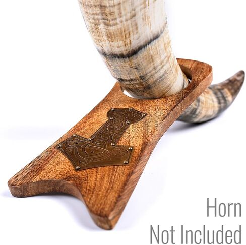 Norse Tradesman Handcrafted Wooden Drinking Horn Stand with Decorative Brass Mjolnir Plaque - Fits 10 to 20 Inch Horns in Kuwait