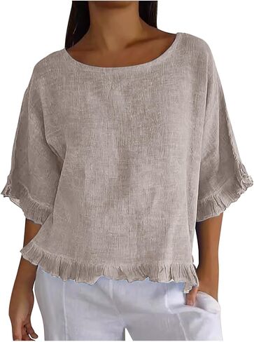 Womens Linen Cotton Tops Ruffle Trim Sleeve Loose Fit 3/4 Length Sleeve Shirts Crewneck Casual Solid Color Blouses in Saudi Arabia
