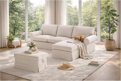 Slipcover Only! Heavy Cotton Ektorp Loveseat Chaise 4 Seat Sofa Cover Compatible for IKEA Sectional Corner Sofa (Light Gray Chaise) in Kuwait