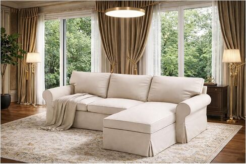Slipcover Only! Heavy Cotton Ektorp Loveseat Chaise 4 Seat Sofa Cover Compatible for IKEA Sectional Corner Sofa (Light Gray Chaise) in Kuwait
