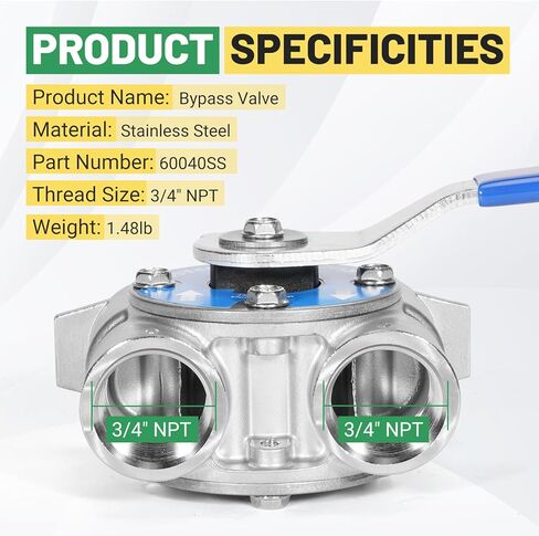 3/4" NPT Stainless Steel Bypass Valve Compatible with Fleck Control Heads 5600 5600SXT 5600SE 4650 2510 5800 6600 6700 9000 9100 Water Softeners, Replace 60040SS in Saudi Arabia