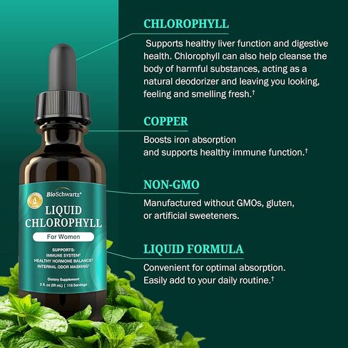 BioSchwartz Liquid Chlorophyll for Women - with Copper for Immune Support, Skin Health and Internal Deodorizer - Liquid Chlorophyll Supplement Drops for Women - Third Party Tested, 118 Servings in Kuwait