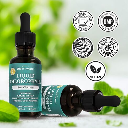 BioSchwartz Liquid Chlorophyll for Women - with Copper for Immune Support, Skin Health and Internal Deodorizer - Liquid Chlorophyll Supplement Drops for Women - Third Party Tested, 118 Servings in Kuwait
