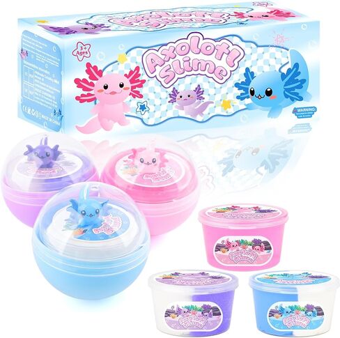 3 Pack Axolotl Slime Kit, Blue Butter, Purple Cloud, Pink Crunchy Slime with Axolotl Charms, Soft, Stretchy, Slime Party Favor for Girls & Boys, Classroom Rewards, Birthday Gifts for Kids in Kuwait
