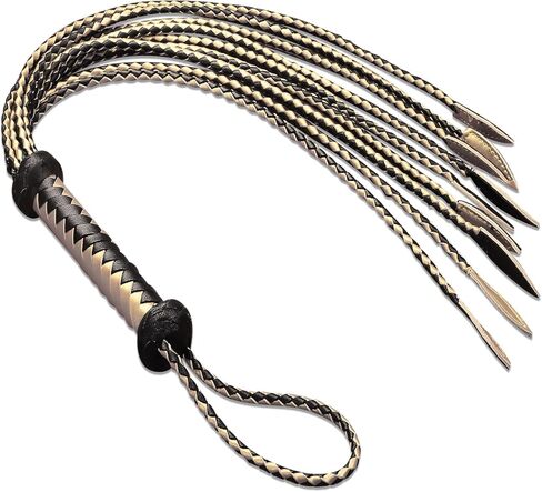 Black & Gold 9-Tail Equestrian Whip | 36-Strand Hand-Braided Genuine Leather Training Whip with Willow Leaf Tips in Saudi Arabia