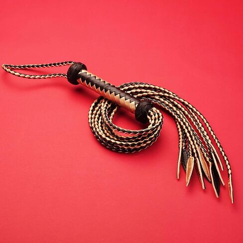 Black & Gold 9-Tail Equestrian Whip | 36-Strand Hand-Braided Genuine Leather Training Whip with Willow Leaf Tips in Saudi Arabia