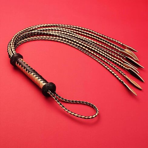 Black & Gold 9-Tail Equestrian Whip | 36-Strand Hand-Braided Genuine Leather Training Whip with Willow Leaf Tips in Saudi Arabia
