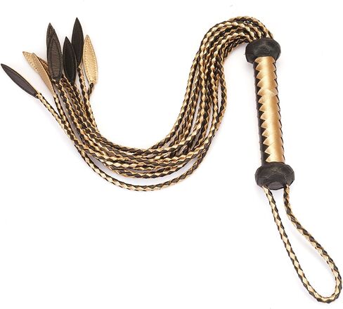 Black & Gold 9-Tail Equestrian Whip | 36-Strand Hand-Braided Genuine Leather Training Whip with Willow Leaf Tips in Saudi Arabia