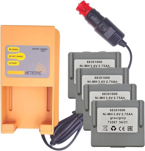 (1 × شاحن + 4 × بطارية) شاحن بطارية UCH-2 (إدخال 10-30 فولت تيار مستمر، إخراج 300/780 مللي أمبير) مع بطارية 3.6 فولت 68301000، بطارية هيترونيك 68301000 مع شاحن (شاحن سيارة) in Saudi Arabia