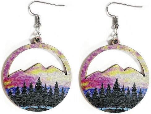 Bohemian Wooden Hollow Mountain Dangle Earrings Lightweight Nature Landscape Painting Drop Earrings for Women Statement Outdoor Enthusiast Jewelry Gifts-Water Drop C in Kuwait