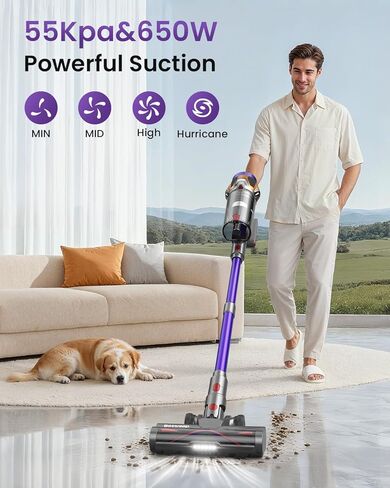 Cordless Vacuum Cleaner 55Kpa/650W/70Mins,1.8L Self Standing Stick Vacuum,Upgraded Vacuum Cordless with Hurricane Mode,Touch Screen,Anti-Tangle Wireless Vacuum,Vacuum Cleaners for Home/Pet Hair/Carpet in Saudi Arabia