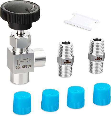 1PCS 304 Stainless Steel 1/4" NPT Female 90 Degree Needle Valve, With 2PCS 1/4" NPT Male Hex Nipple Pipe Fittings, for Fuel/Air/Water/Gas/Oil Flow Control in Kuwait