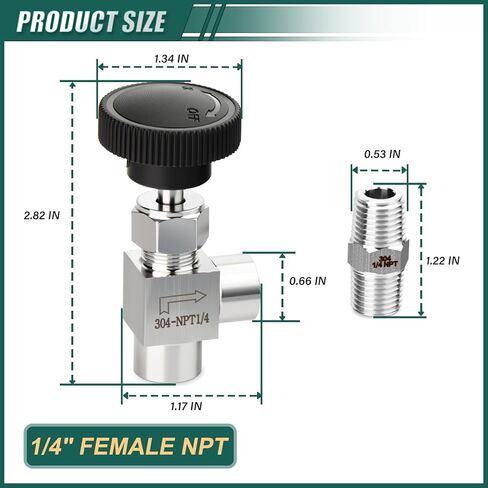 1PCS 304 Stainless Steel 1/4" NPT Female 90 Degree Needle Valve, With 2PCS 1/4" NPT Male Hex Nipple Pipe Fittings, for Fuel/Air/Water/Gas/Oil Flow Control in Kuwait
