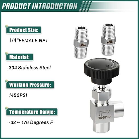 1PCS 304 Stainless Steel 1/4" NPT Female 90 Degree Needle Valve, With 2PCS 1/4" NPT Male Hex Nipple Pipe Fittings, for Fuel/Air/Water/Gas/Oil Flow Control in Kuwait