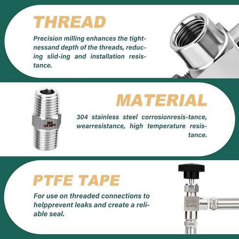 1PCS 304 Stainless Steel 1/4" NPT Female 90 Degree Needle Valve, With 2PCS 1/4" NPT Male Hex Nipple Pipe Fittings, for Fuel/Air/Water/Gas/Oil Flow Control in Kuwait