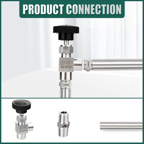 1PCS 304 Stainless Steel 1/4" NPT Female 90 Degree Needle Valve, With 2PCS 1/4" NPT Male Hex Nipple Pipe Fittings, for Fuel/Air/Water/Gas/Oil Flow Control in Kuwait
