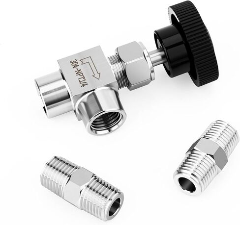 1PCS 304 Stainless Steel 1/4" NPT Female 90 Degree Needle Valve, With 2PCS 1/4" NPT Male Hex Nipple Pipe Fittings, for Fuel/Air/Water/Gas/Oil Flow Control in Kuwait