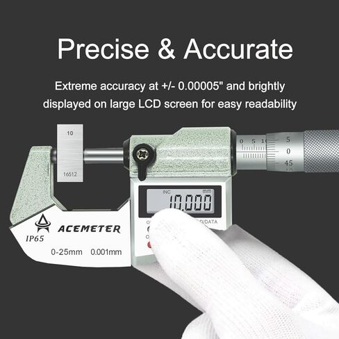 Digital Micrometer Precision Professional 0-1" (0-25mm) Range, 0.00005" (0.001mm) Resolution,Large Screen Digital Micrometer, Meets IP65 Specifications with Standard Ratchet Stop in Kuwait