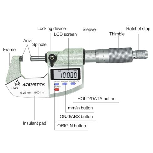 Digital Micrometer Precision Professional 0-1" (0-25mm) Range, 0.00005" (0.001mm) Resolution,Large Screen Digital Micrometer, Meets IP65 Specifications with Standard Ratchet Stop in Kuwait
